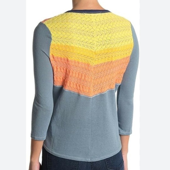 Free People Washed Blue Yellow Combo  Knit Detail Top We The Free Size L - Picture 2 of 8